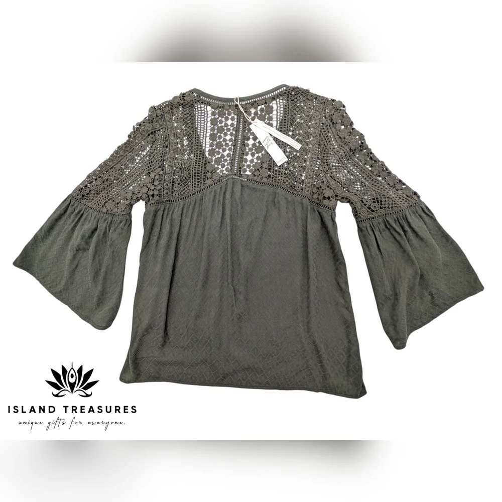 NWT LOVESTITCH Olive Green Sahara Mixed Lace Top Sz Small Rayon Flowy Boho Chic - Picture 8 of 17